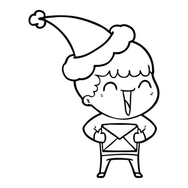 çizim için Noel Baba şapkası giyen mutlu bir adamın el çekilmiş