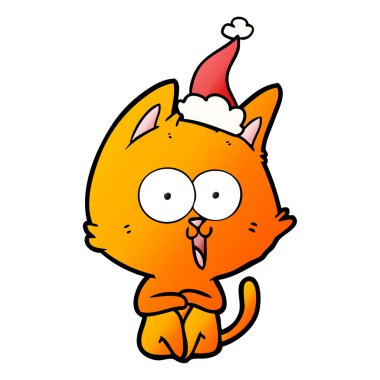 Noel Baba şapkası giyen bir kedinin komik degrade çizgi film