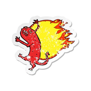 Retro sıkıntılı etiket bir karikatür canavar yanıyor