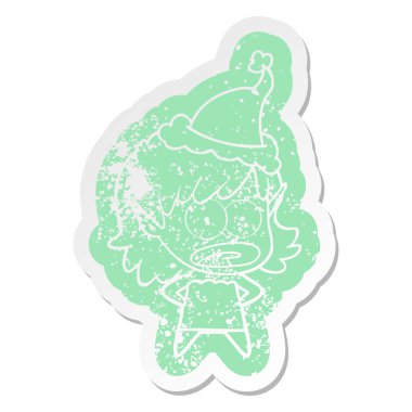 Noel Baba şapkası giyen bir şok elf kızın ilginç karikatür sıkıntılı etiket