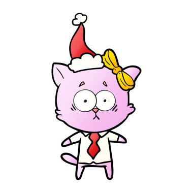 Noel Baba şapkası giyen bir kedi degrade çizgi film el çekilmiş