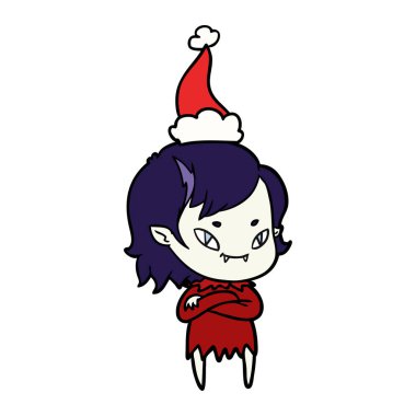 Noel Baba şapkası giyen bir dostu vampir kız çizgi çizme