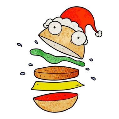 Noel Baba şapkası giyen bir şaşırtıcı Burger dokulu çizgi film el çekilmiş