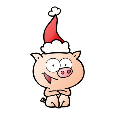 neşeli oturma domuz el giyen Noel Baba şapkası çizilmiş degrade karikatür