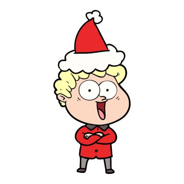 Noel Baba şapkası giyen mutlu bir adamın çizgi çizme