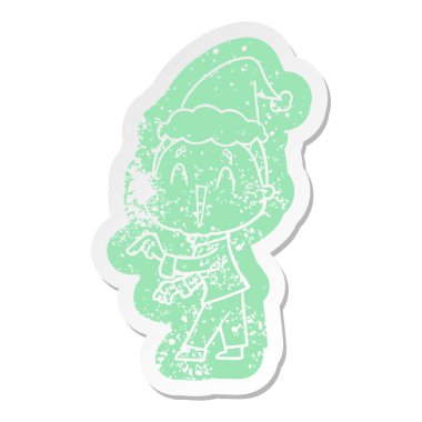 Noel Baba şapkası giyen bir mutlu yaşlı kadının ilginç karikatür sıkıntılı etiket