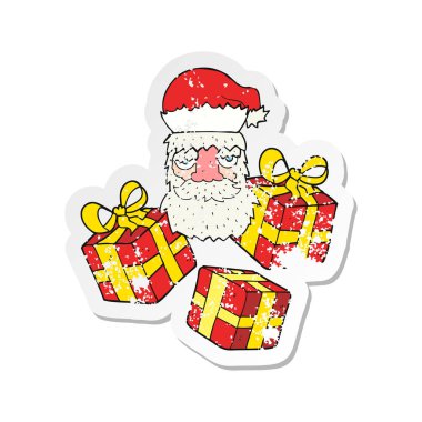 Retro sıkıntılı etiket bir karikatür Noel Baba yüz zekâ yorgun