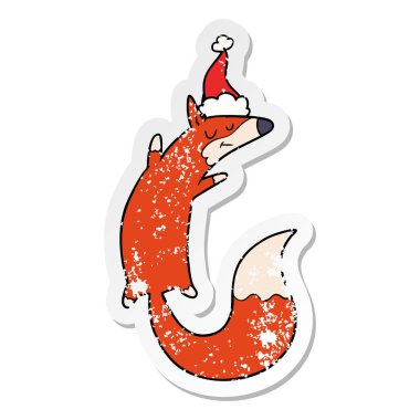 sıkıntılı etiket karikatür Noel Baba şapkası giyen bir atlama Fox el çekilmiş