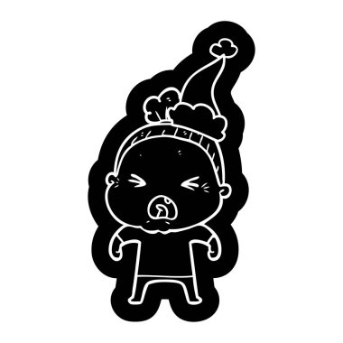 Noel Baba şapkası giyen kızgın bir yaşlı kadın karikatür simgesi