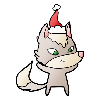 Noel Baba şapkası giyen bir kurt degrade çizgi film dostu el çekilmiş