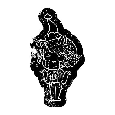 Noel Baba şapkası giyen ağlayan bir uzaylı kız ilginç karikatür sıkıntılı simgesi