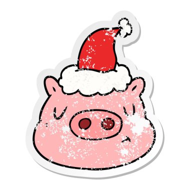 sıkıntılı etiket karikatür Noel Baba şapkası giyen bir domuz yüz el çekilmiş