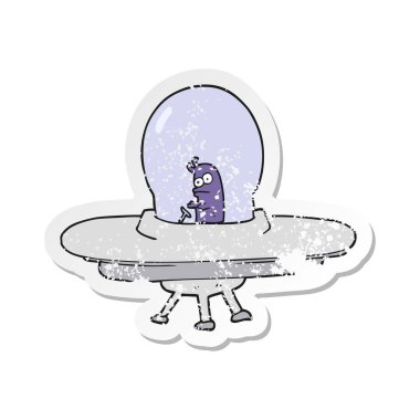 Retro sıkıntılı etiket bir karikatür uçan daire