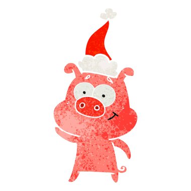 mutlu el domuz Noel Baba şapkası giyen bir retro çizgi film çekilmiş