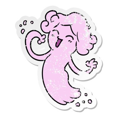 elle çizilmiş etiket karikatür doodle bir mutlu pembe hayaletin sıkıntılı