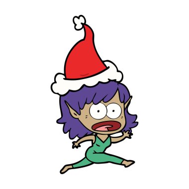 Noel Baba şapkası giyen bir şok elf kız çizgi çizme