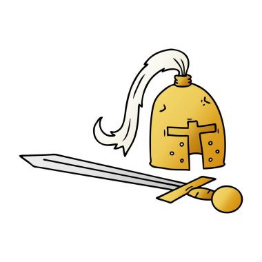 elle çizilmiş degrade çizgi film doodle bir ortaçağ kask ve kılıç