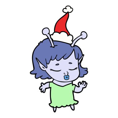 sevimli uzaylı kız çizgi çizme giyen Noel Baba şapkası