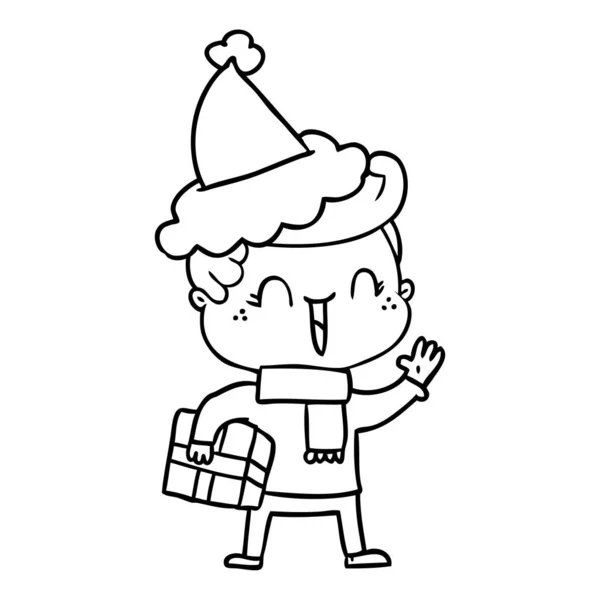 Linha de desenho de um menino rindo usando chapéu de santa — Vetor de Stock