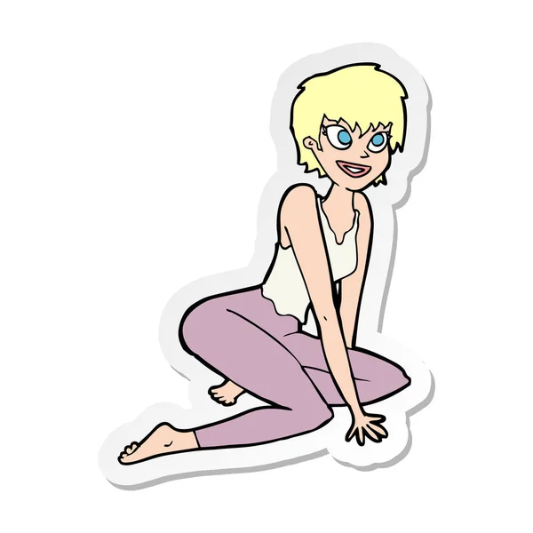 Sticker Cartoon Happy Woman Sitting Floor — Stock Vector