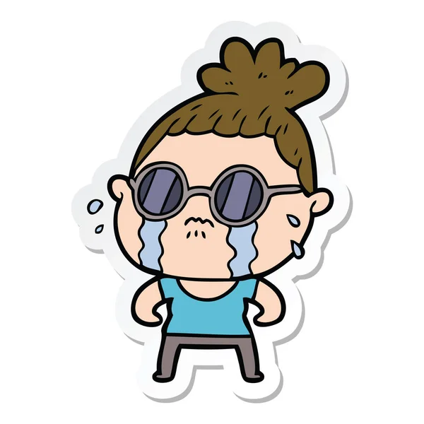 Sticker Cartoon Crying Woman Wearing Sunglasses — Stock Vector