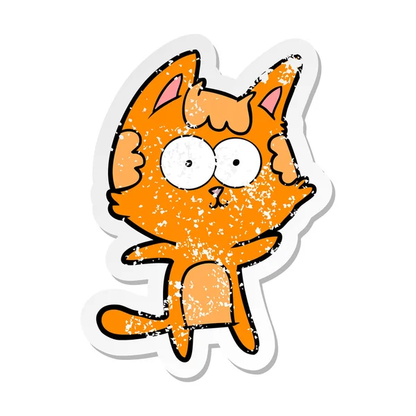 Verontruste sticker van een happy cartoon kat — Stockvector