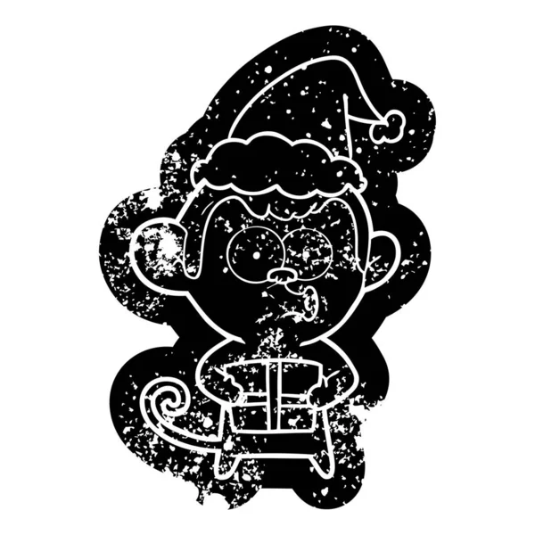 Peculiar Dibujo Animado Angustiado Icono Mono Navidad Con Sombrero Santa — Archivo Imágenes Vectoriales