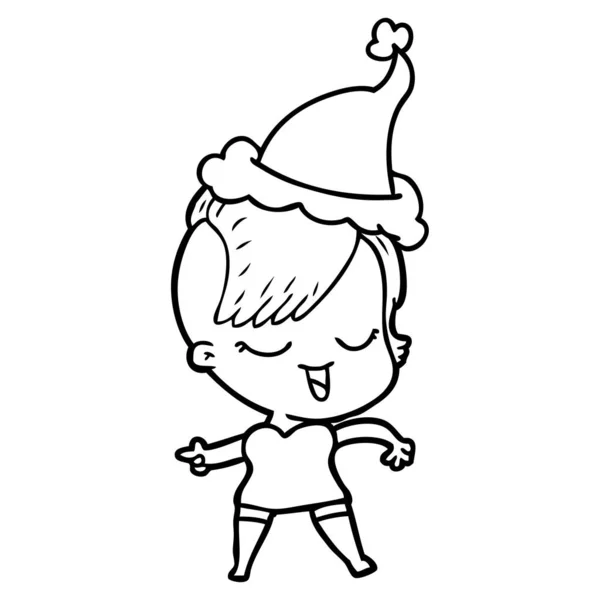 幸せな手描き線画のサンタの帽子を身に着けている女の子 — ストックベクタ
