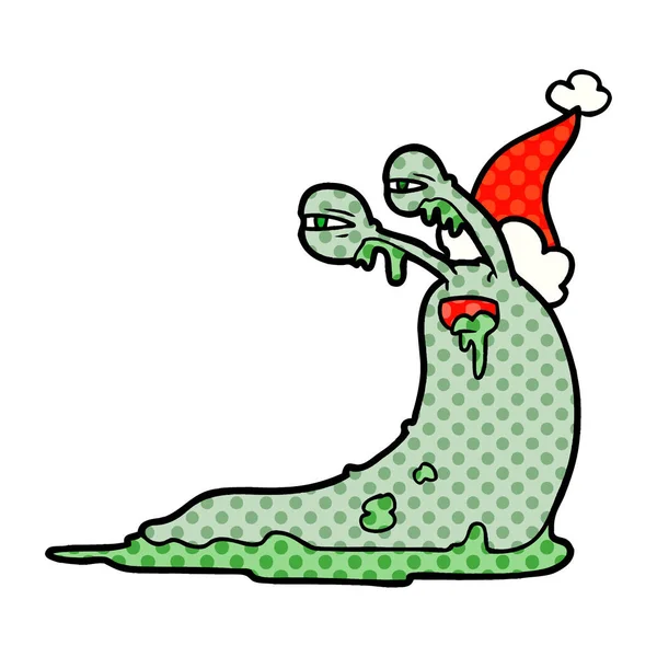 Grob Handgezeichnete Illustration Einer Nacktschnecke Mit Weihnachtsmütze Comic Stil — Stockvektor