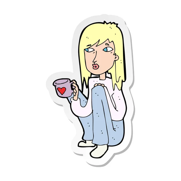 Autocollant d'une femme dessin animé assis avec une tasse de café — Image vectorielle