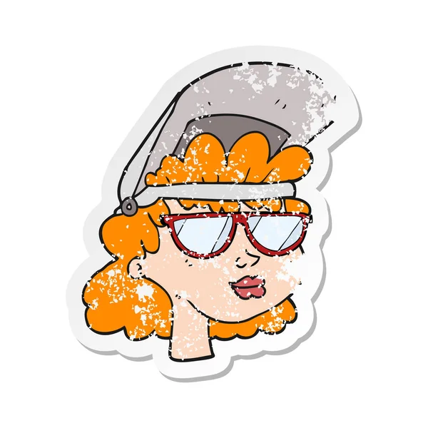 Retro Distressed Sticker Cartoon Woman Welding Mask Glasses — Stock Vector