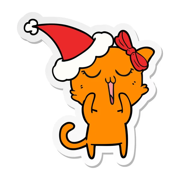 Adesivo Disegnato Mano Cartone Animato Gatto Indossando Cappello Babbo Natale — Vettoriale Stock