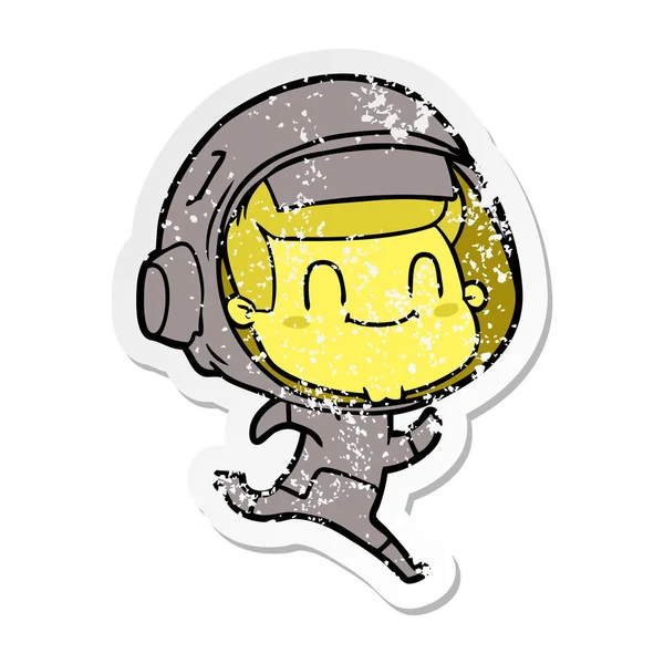 Distressed Sticker Happy Cartoon Astronaut Man — Stock Vector