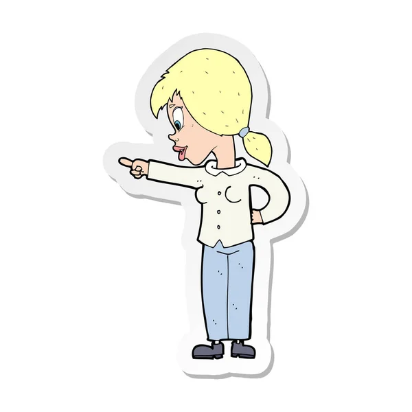 Sticker Cartoon Enthusiastic Woman Pointing — Stock Vector