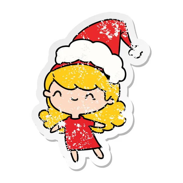 Hand Drawn Christmas Distressed Sticker Cartoon Kawaii Girl — Stock Vector