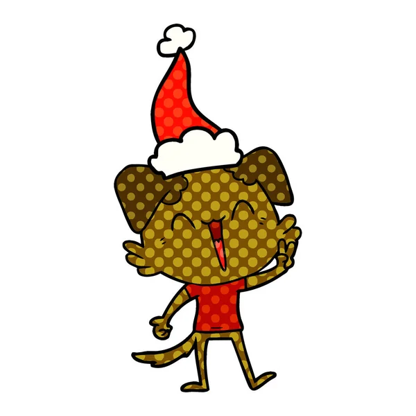 Pequeño Perro Feliz Dibujado Mano Cómic Estilo Ilustración Sombrero Santa — Vector de stock