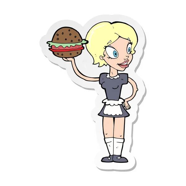 Pegatina de una camarera de dibujos animados con hamburguesa — Archivo Imágenes Vectoriales