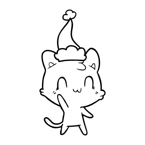 Dibujo Línea Dibujado Mano Gato Feliz Con Sombrero Santa — Vector de stock