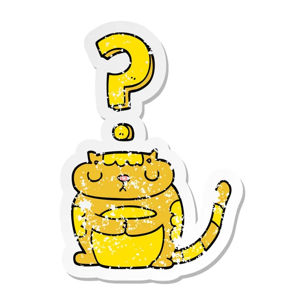 Calcomanía angustiada de un gato de dibujos animados con signo de interrogación — Vector de stock