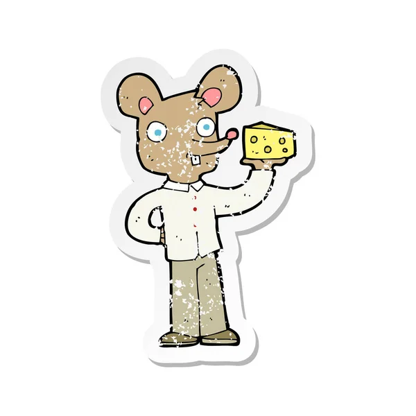 Retro Distressed Sticker Cartoon Mouse Holding Cheese — Stock Vector