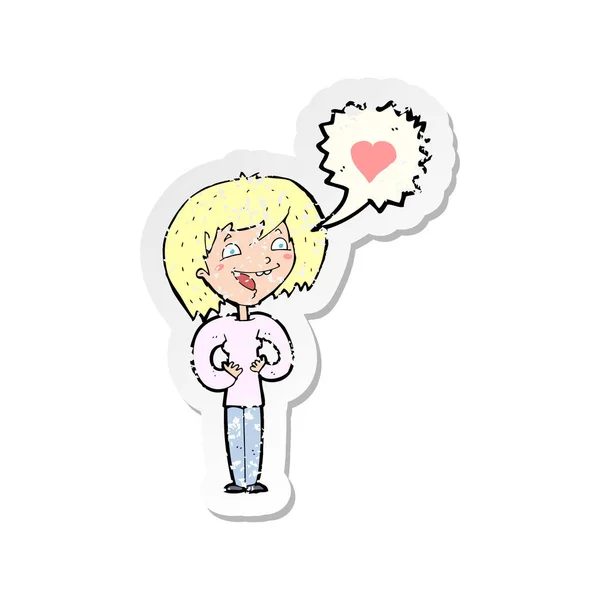 Retro Noodlijdende Sticker Van Een Cartoon Vrouw Verliefd — Stockvector