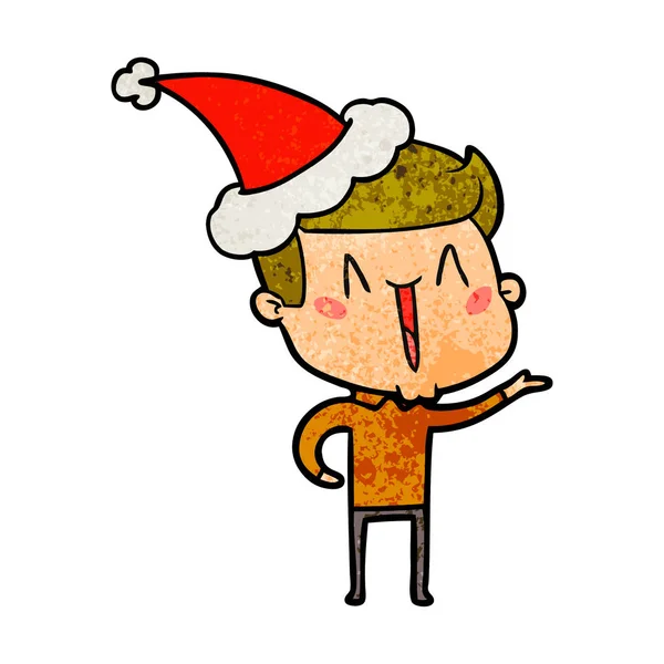 Dessin animé texturé d'un homme excité portant un chapeau de Père Noël — Image vectorielle