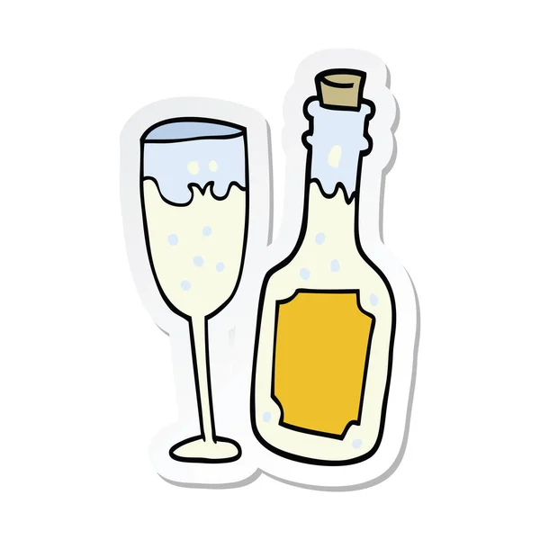 Sticker of a cartoon champagne bottle and glass — Stock Vector
