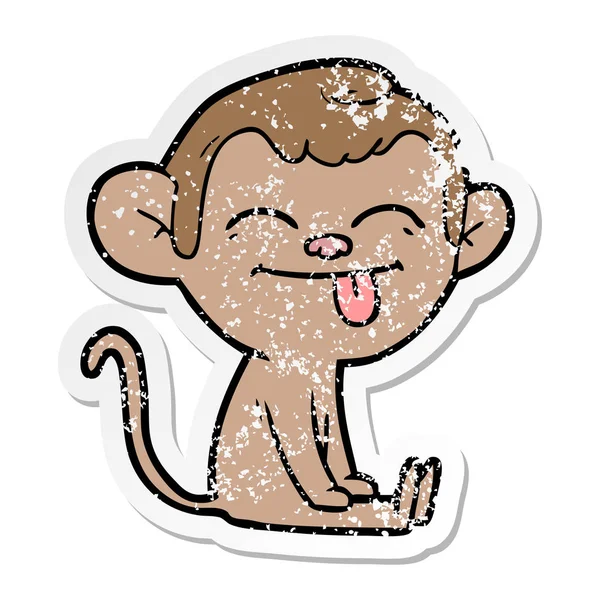 Verontruste sticker van een grappige cartoon aap zitten — Stockvector