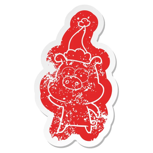 Fröhlicher Cartoon-Aufkleber eines Schweins mit Weihnachtsmütze — Stockvektor