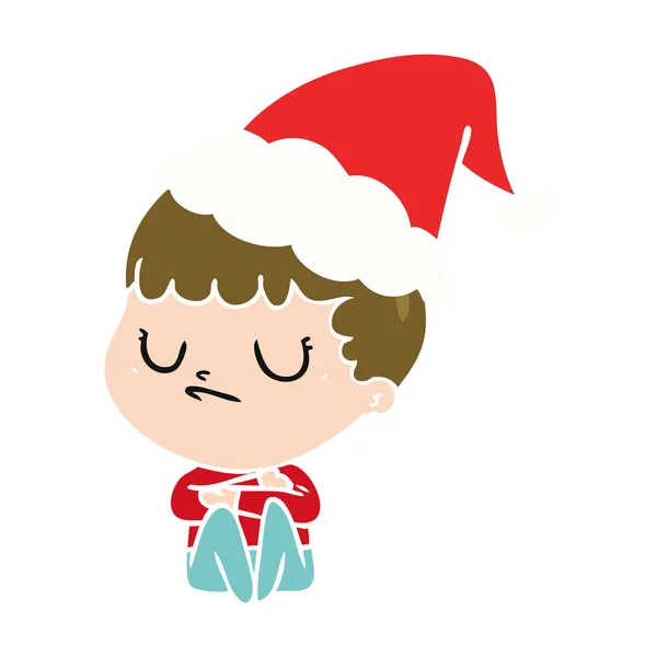 Ilustración Color Plano Dibujado Mano Niño Gruñón Con Sombrero Santa — Vector de stock