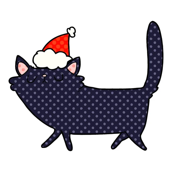 Hand Dras Serietidning Stil Illustration Svart Katt Som Santa Hatt — Stock vektor