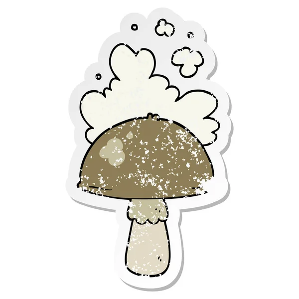 Distressed sticker of a cartoon mushroom with spore cloud — Stock Vector