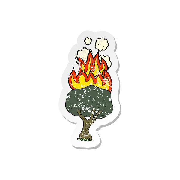 在火上的卡通树的复古苦恼的贴纸 — 图库矢量图片