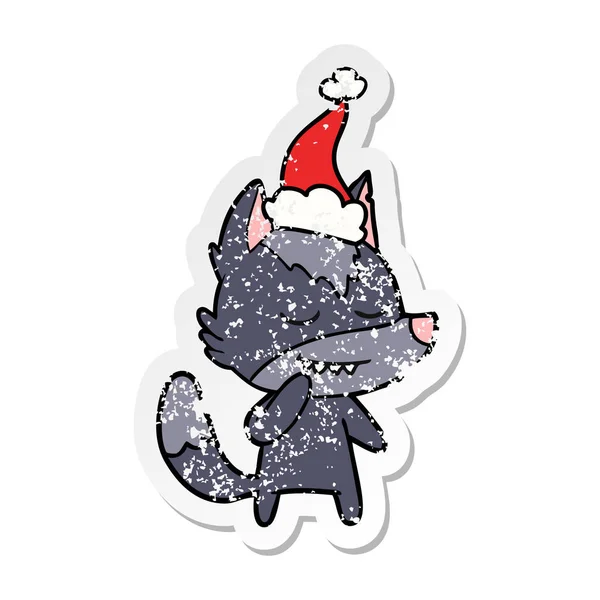 Friendly Hand Drawn Distressed Sticker Cartoon Wolf Wearing Santa Hat — Stock Vector